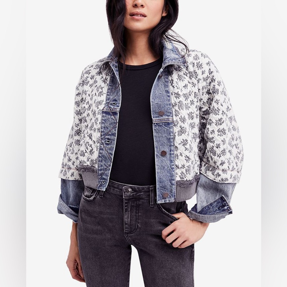Free People Ditsy Denim Quilted Dolman Jacket Oversized